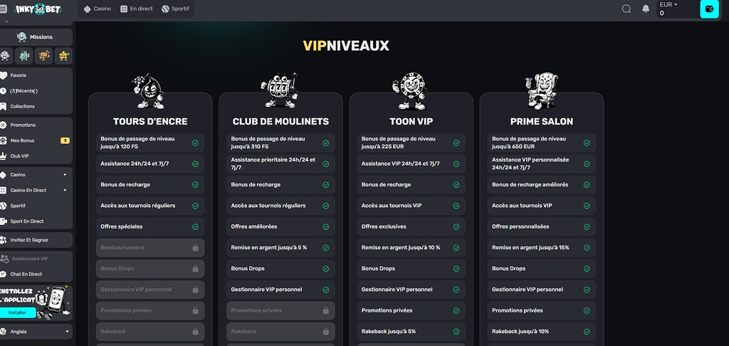 Club VIP du casino InkyBet