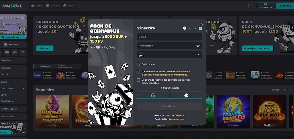 Inscription au casino InkyBet