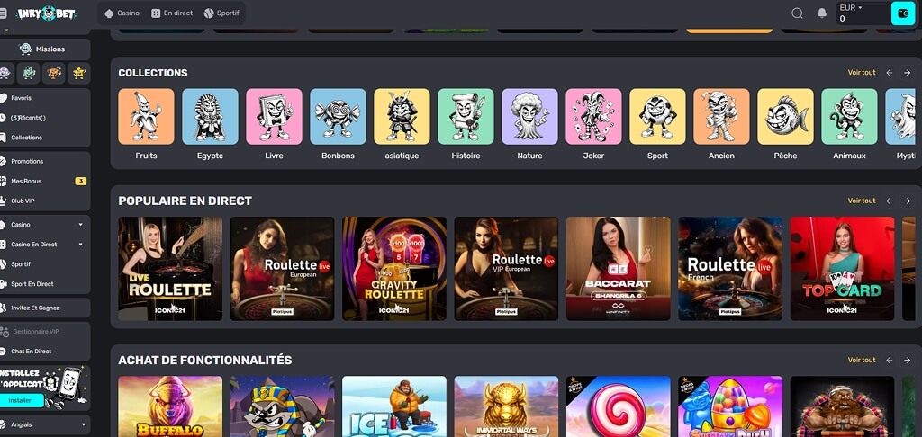 Interface du casino InkyBet